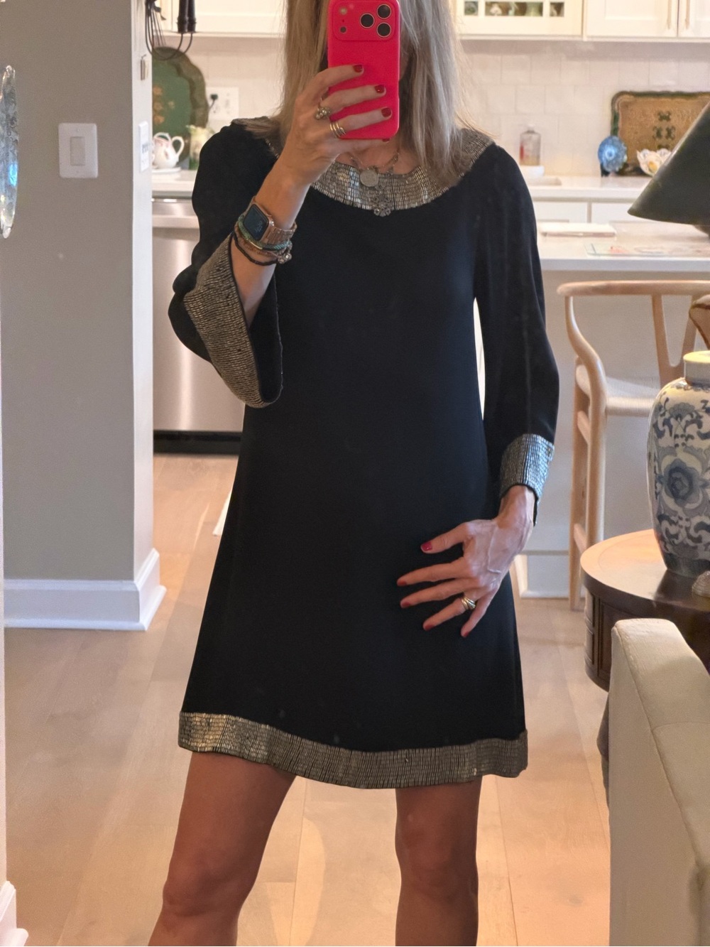 Alice + Olivia Black Tunic Dress with Silver Beading, Cocktail, Semi-Formal